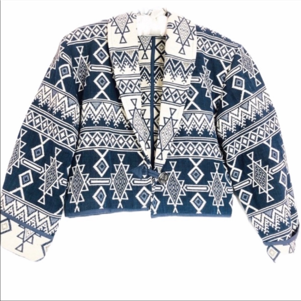 VINTAGE | Aztec Western Cropped Blazer Jacket Coat Navy blue White